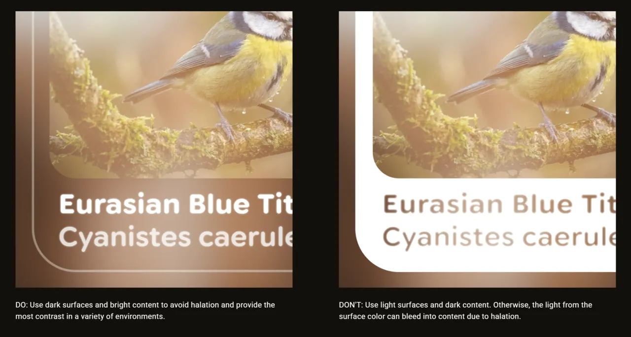 Google Glimmer рекомендует светлый контент на тёмном фоне.