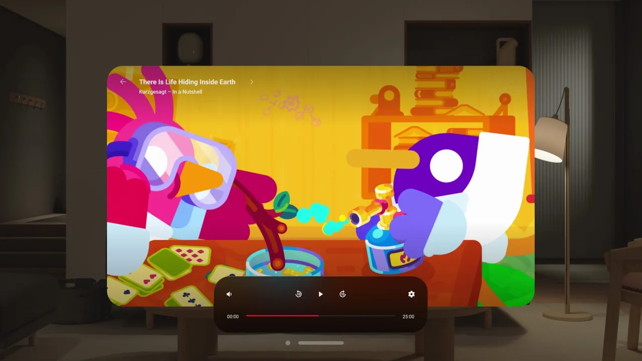 Интерфейс официального приложения YouTube для Apple Vision Pro