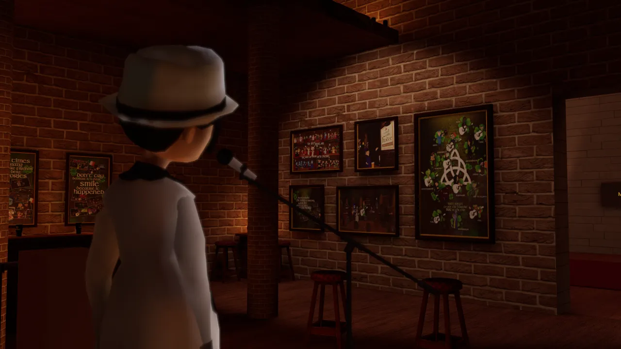 Аватар спиной к фотографиям в виртуальной галерее