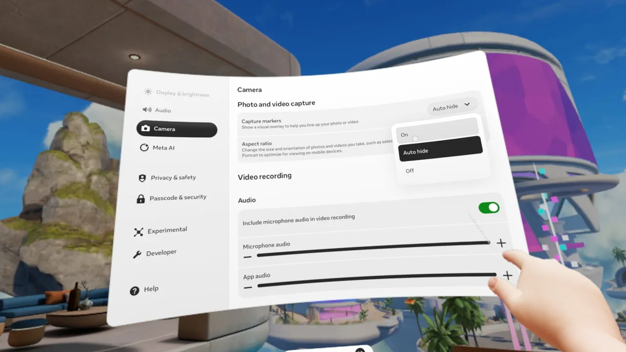 Скриншот показывает настройки камеры и новую опцию Capture Markers.